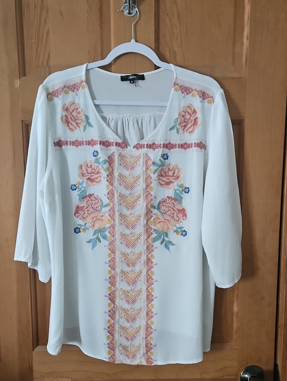 ANDREE BY UNIT White Tunic with Pink and Blue Floral Embroidery